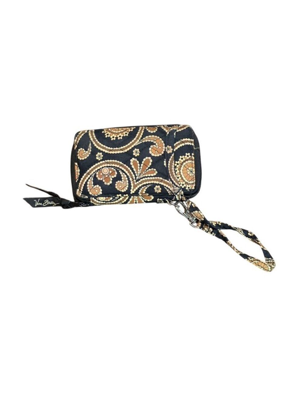 Vera Bradley Black & Beige Paisley Wristlet Wallet With ID Window & Zip Cafe Lat